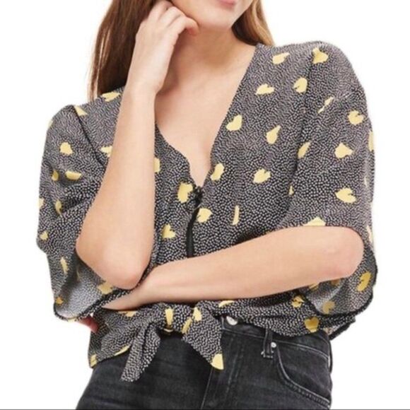 Topshop 'Zoe' Zip & Tie Front Crop Top - size 6 in Yellow Heart Print - Picture 1 of 16
